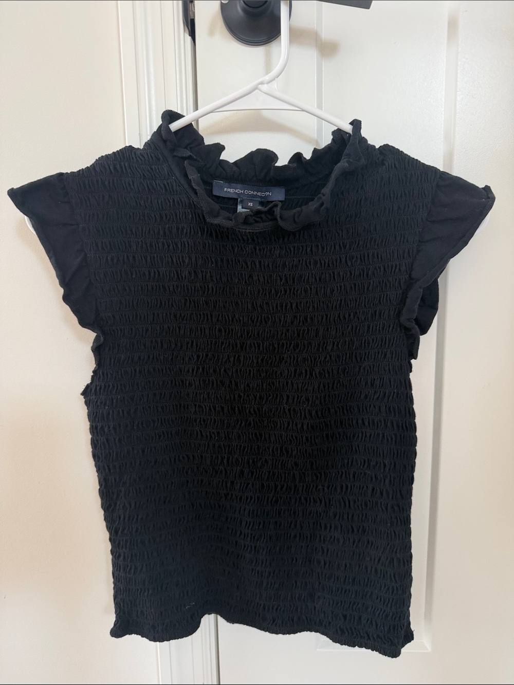 French Connection Black Smocked Ruffle Sleeve Blouse